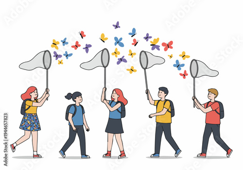 Group of young people with butterfly nets trying to catch colorful butterflies, symbolizing curiosity, nature exploration, and scientific research.