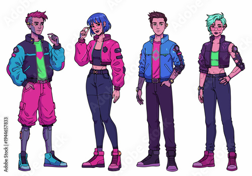 Diverse Cyberpunk characters squad standing in neon futuristic style, featuring bionic enhancements and bold colors.