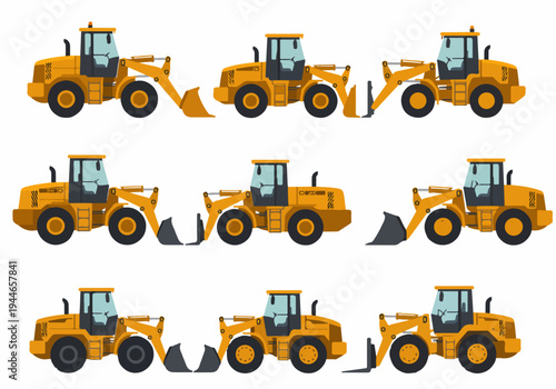 Set of nine yellow wheel loaders and front-end shovels for heavy construction. Flat vector illustration on white background.