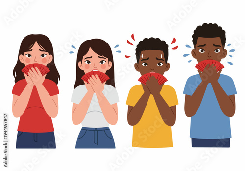 Group of diverse young people covering their mouths with red cards, displaying expressions of extreme fear, shock, and anxiety.