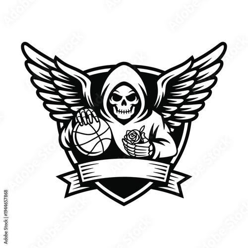 Grim Reaper mascot with basketball and rose holding a banner on wings isolated