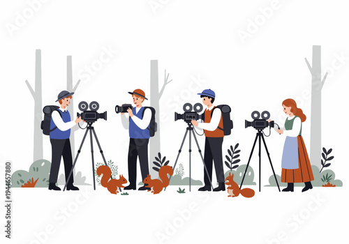 Wildlife film crew recording nature documentary footage of squirrels in a woodland setting.