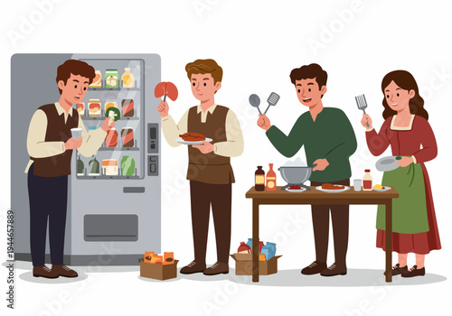 Illustration contrasting traditional food preparation and cooking with modern packaged goods obtained from a vending machine.