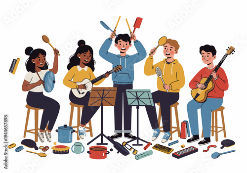 Creative band performance using everyday household items as musical instruments.