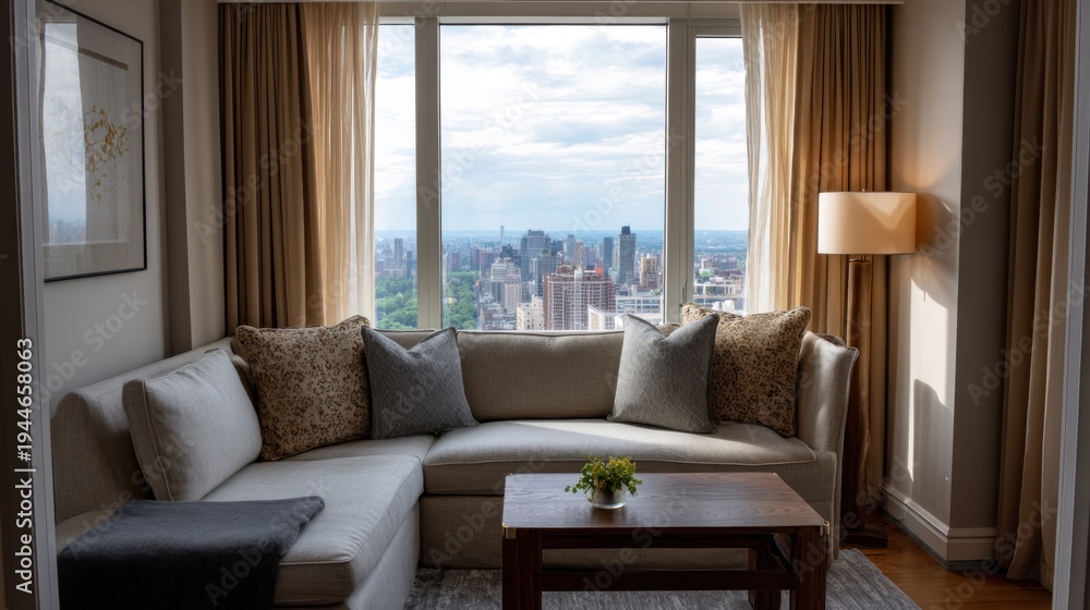 Fototapeta premium Modern living room with a sectional sofa, decorative pillows, wooden coffee table, and large windows showcasing a city skyline view in a bright, stylish apartment