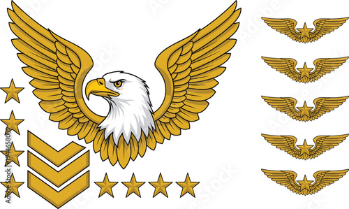 Military Eagle Emblem with Golden Wings and Star Icons Including Air Force Aviation Patches and Army Sergeant Rank Insignia for Uniforms