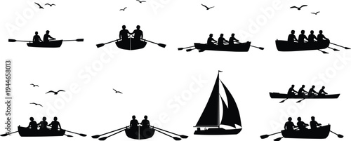 Collection of Rowing Boat Silhouettes Including People Paddling Oars Sailboat and Seagulls for Nautical Maritime Sports and Outdoor Recreation Design