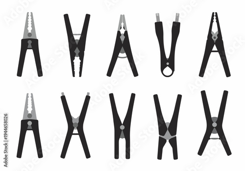 Collection of ten vector spring clamps, pliers, and alligator clips icons in minimalist black and gray silhouette style on white.
