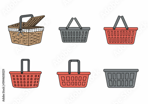 Vector icon set of various baskets including shopping baskets and a classic picnic hamper on an isolated white background.