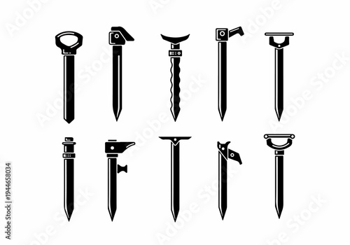 Set of ten black and white vector icons representing different camping tent pegs, climbing pitons, and outdoor equipment ground stakes.