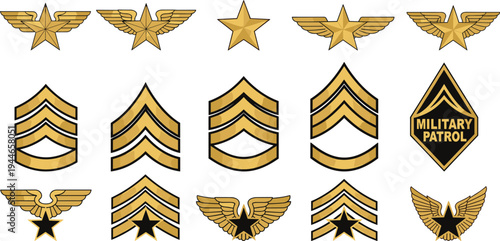 Set of Military Rank Insignia and Army Sergeant Chevrons Including Gold Aviation Wing Patches and Star Badges for Uniform Design