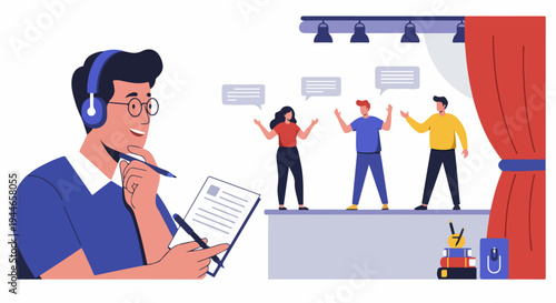 Theater Director Observing Actors Rehearsing on Stage While Taking Notes, Representing Acting Class or Creative Production.