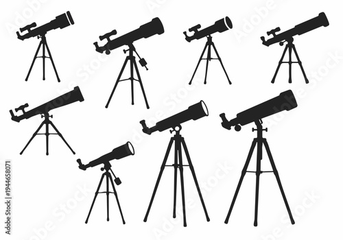 Set of eight different telescope silhouettes mounted on tripods, ideal for astronomy, science, exploration, and space observation vector icons.