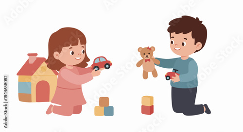 Cute children playing together with toy cars, building blocks, and a teddy bear, illustrating fun childhood games.