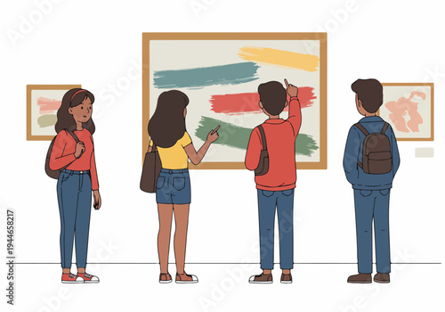 Young friends visiting an art gallery, observing and discussing a modern abstract painting, isolated on white.