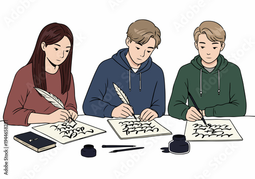 Illustration of students learning historical writing techniques, practicing elegant calligraphy with quills and inkpots.