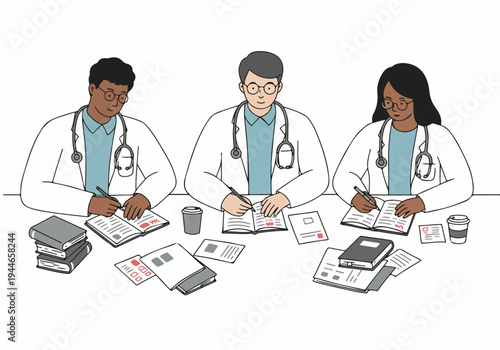 Diverse group of doctors or medical students collaborating, studying research, and taking notes in a professional setting.