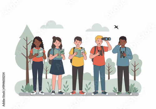 Group of diverse young people studying nature, birdwatching, and exploring outdoors with binoculars and guidebooks.