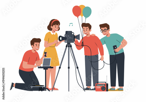 Collaborative Team Filming Video Content with Vintage Camera, Balloons, and Audio Equipment, Illustrating Media Production and Creative Work.