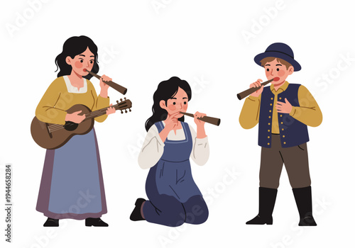A trio of folk musicians performing traditional music with guitar and wooden flutes, wearing historical peasant costumes.