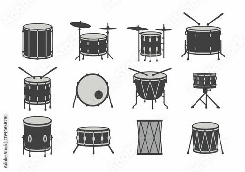 Twelve minimalist vector icons illustrating various types of drums and percussion instruments in a monochrome palette.