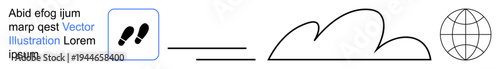 Cloud technology, data transfer, global communication, server management, internet access, tech solutions. Minimal line art footsteps, a cloud and a globe. Cloud technology and data transfer concept