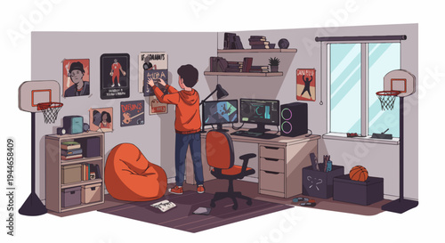 Illustrated teenage bedroom interior where a young person hangs posters on the wall, featuring a modern computer desk setup, bookshelves, and basketball gear.