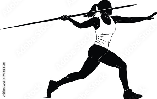 Black and White Silhouette of Female Athlete Throwing Javelin in Track and Field Sports Competition for Fitness and Athletic Design