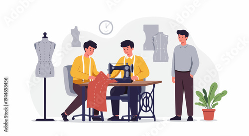 Fashion designers and tailors collaborating in a workshop, using a sewing machine to create custom clothing.