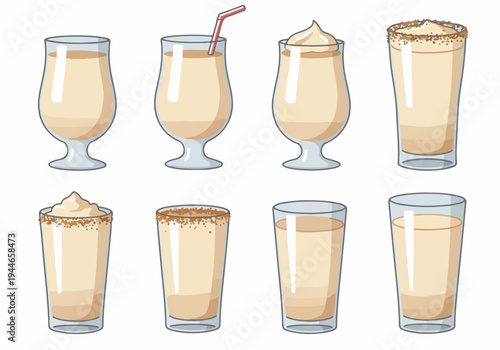 Collection of 8 creamy beverage glasses, featuring milkshakes, eggnog, and cocktails with toppings and straws, isolated vector illustration.
