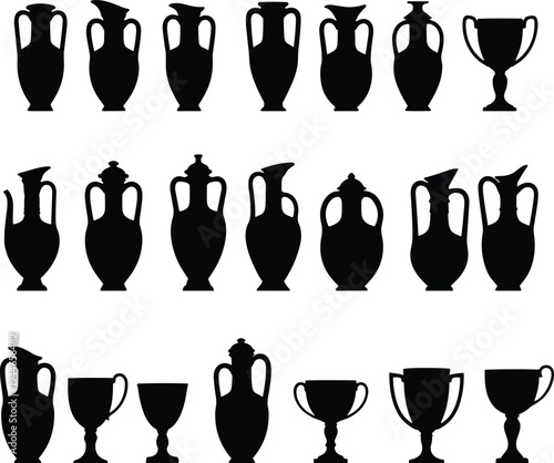 Set of Ancient Greek Amphora and Vase Silhouettes Including Decorative Ceramic Pitcher Pottery and Clay Urn Icons for Antique Historical Design