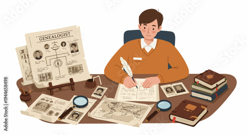 Professional Genealogist Working on Family History Research, Tracing Ancestors Using Old Documents, Maps, and a Quill Pen.