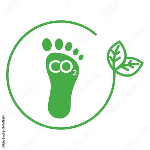 Green carbon footprint icon with CO2 symbol and leaves inside a circular frame for environmental sustainability concepts vector design.