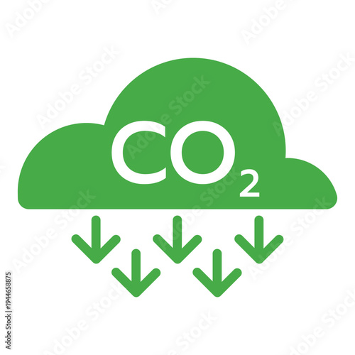Green cloud icon with CO2 text and multiple downward arrows representing carbon sequestration and greenhouse gas emission reduction vector design.