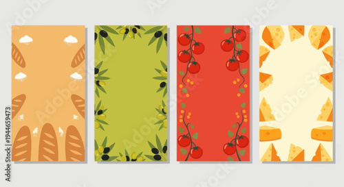 Italian Food Themed Vertical Backgrounds: Bread, Olives, Tomatoes, Cheese