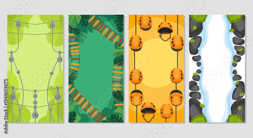 Adventure Park Vertical Banners: Zipline, Rope Bridge, Helmets, Waterfall