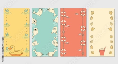 Cute Summer Beach Border Designs with Seals, Shells, and Duck