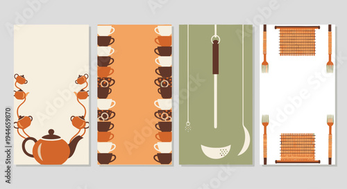 Retro Kitchen Design Elements: Teapot, Cups, Utensils, and Kitchenware Graphics