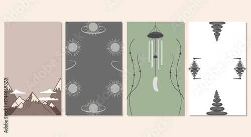 Abstract Zen Meditative Designs: Mountains, Sun, Wind Chime, Stone Stacks