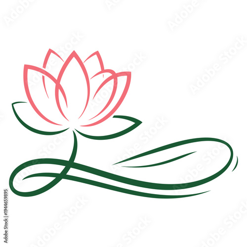 A stylized depiction of a pink lotus flower floating on water with green stems and leaves