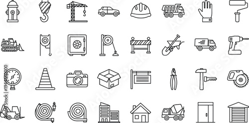 Black line icons, construction tools, building equipment, infrastructure symbols, safety elements, engineering graphics, industrial design, abstract illustration, stock vector