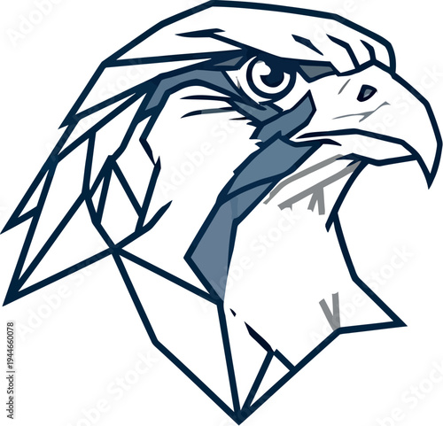 Minimalist geometric falcon head logo design showcasing sharp lines and a determined expression in blue and white tones