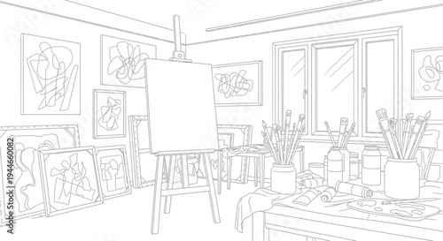 Coloring page outline of a vibrant artist studio filled with blank canvases easels and painting supplies awaits creative inspiration