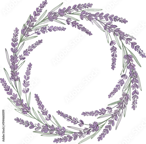 Beautiful hand drawn lavender flower wreath encircling a blank space, perfect for elegant wedding invitations, fragrant cosmetic product labels, or soothing aromatherapy branding designs.
