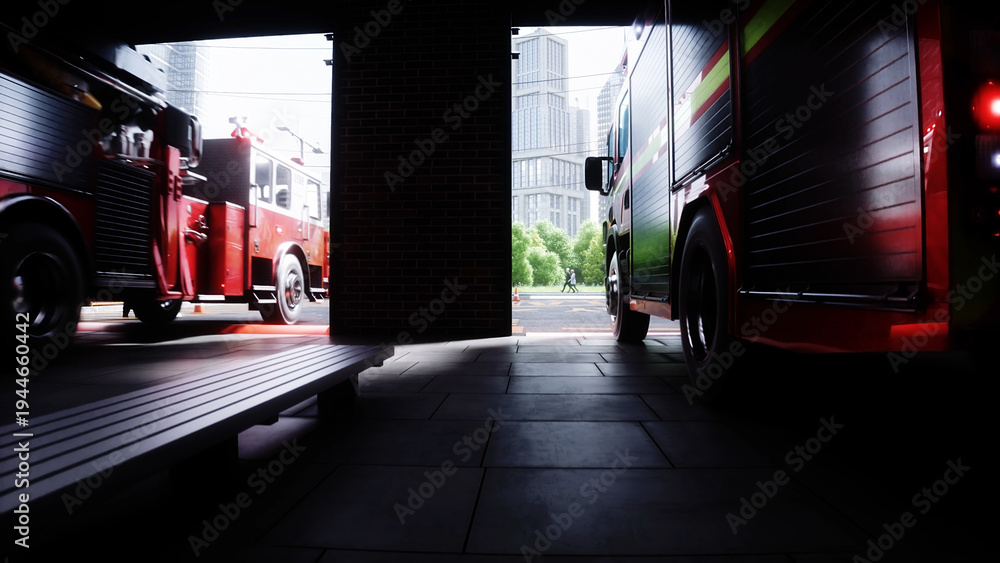 Fototapeta premium Fire truck quickly leaves for the call, garage door at fire department opens. 3d rendering.