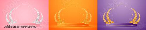 Set of pink, orange, purple podiums with elegant gold lines for product presentation. Cosmetic product display. Stage or podium. vector illustration