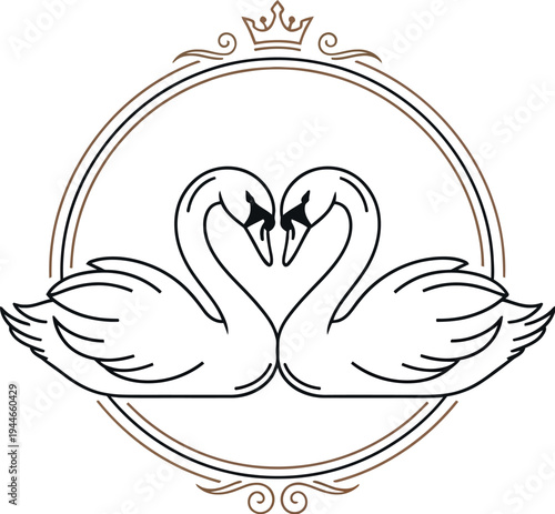 Elegant outline illustration of two swans forming a beautiful heart shape, symbolizing love and togetherness, enclosed within a regal ornate circular frame with a subtle crown detail.