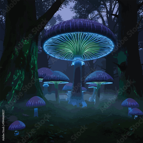Glowing mushrooms illuminate an enchanted forest scene at dusk surrounded by trees