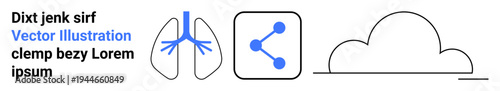 Medical anatomy, data sharing, cloud storage, technology symbols, minimal design, education. lungs, a network sharing icon and a cloud sketch. Medical anatomy and data sharing