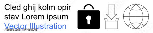 Digital security, online safety, global data transfer, secure downloads, privacy protection, technology systems. Lock, download box globe icons. Cybersecurity and data protection concept